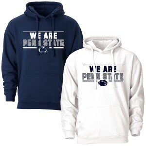 navy and white hooded sweatshirts with We Are Penn State and Athletic Logo